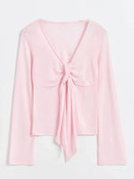 Women's Spring Summer Slimming Crop Tops Long Sleeve V Neck Tie Up Solid Color Trendy T-shirt