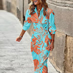 Women Elegant Printed Slim Fit Party Dress Turn Down Collar Ladies Casual Maxi Dress Summer Long Sleeve A Line Dresses Vestidos