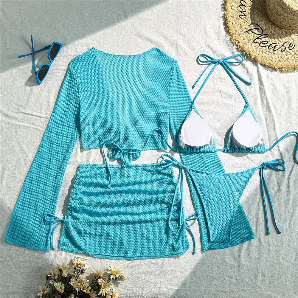 Beige Mesh Halter String Triangle Micro Thong Bikinis Sets 4 Pieces Long Sleeve Cover Ups Sexy Swimsuit Women Holiday Swimwear