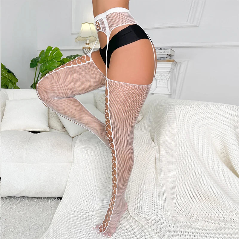 Black Women Fashion Tights Fishnet Stockings Female EroticLingerie Lace Mesh Hollow Out Sexy Stripes GarterPantyhos Club Party