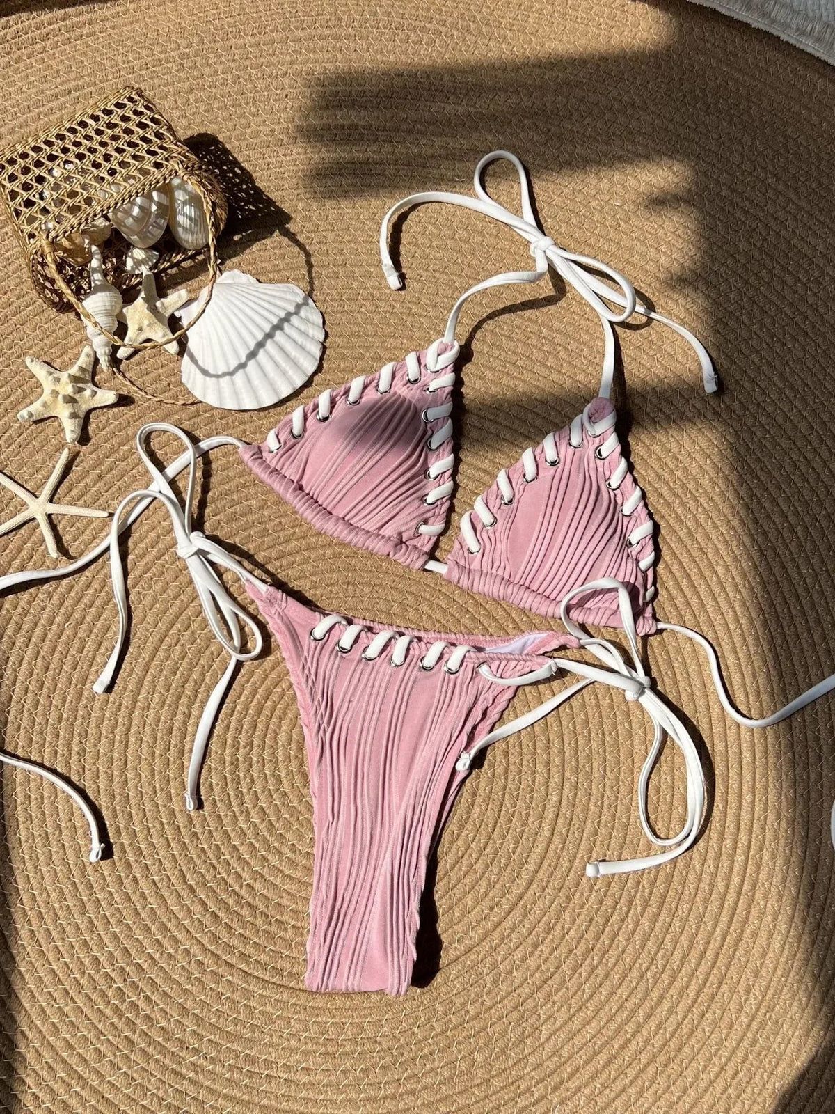 Sexy Micro Bikini 2025 Women Beige Brown Pink Weave Bandage Cross Crochet Swimsuit Brazilian Beach Bathing Suit Thong Swimwear
