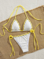 Sexy 3D Floral Bikini Set 2025 Women White Pink Contrast Push Up Bra Tie Side Thong Swimsuit Beach Bathing Suit Micro Swimwear