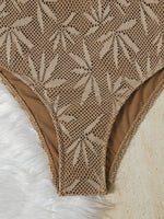 2026 Vintage Coffee Leaves Print One Piece Swimsuit Women Beaded String Hollow Out Backless Mesh Slim Fit Tummy Control Swimwear