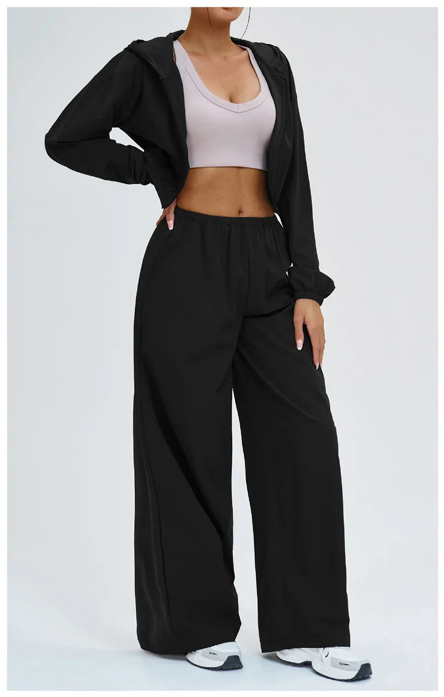 Sports sunscreen set Zipper windproof hooded sunscreen leisure outdoor 2 PCS Long Sleeved Loose sports riding Wide Leg Pants Set