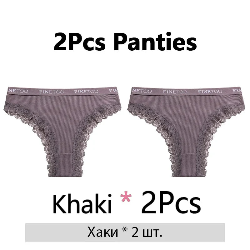 FINETOO 2Pcs/Set Women Cotton Brazilian Panties Plus Size M-2XL Lingerie Sexy Lace Underwear Low Rise Girls Intimates Underpants