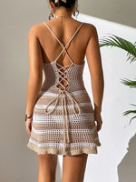 Hollow Crochet Woven Knitted Bikini Cover Up Women Fashion Halter Stripe Patchwork Slim Mini Beach Tunic Dress Feameme Sumi Suit