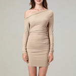Fashion Off Shoulder Women Ruched Mini Dress Spring Slim Fit Solid Color Slash Neck Long Sleeve Bodycon Dress for Party Club