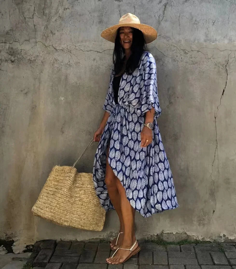 2024 New Summer Sexy Beach Kimono Swimwear Cotton Cover Up Swimsuit Women Print Bikini Cover Up Beachwear Dress Robe