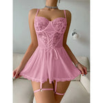 Lace Open Bra Underwear Set Lace UpLingerie Transparent Deep V Bra Baby Doll Dress Women EroticMesh Garter Underwear Sets