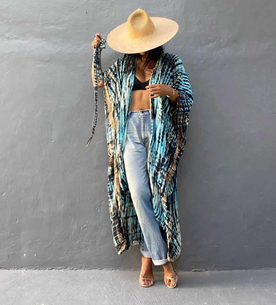 Beach Cover Ups for Swimwear Women Black Tie Dye Kimono Swimsuit Cape Summer Dress 2022 Beachwear Outfits Sales