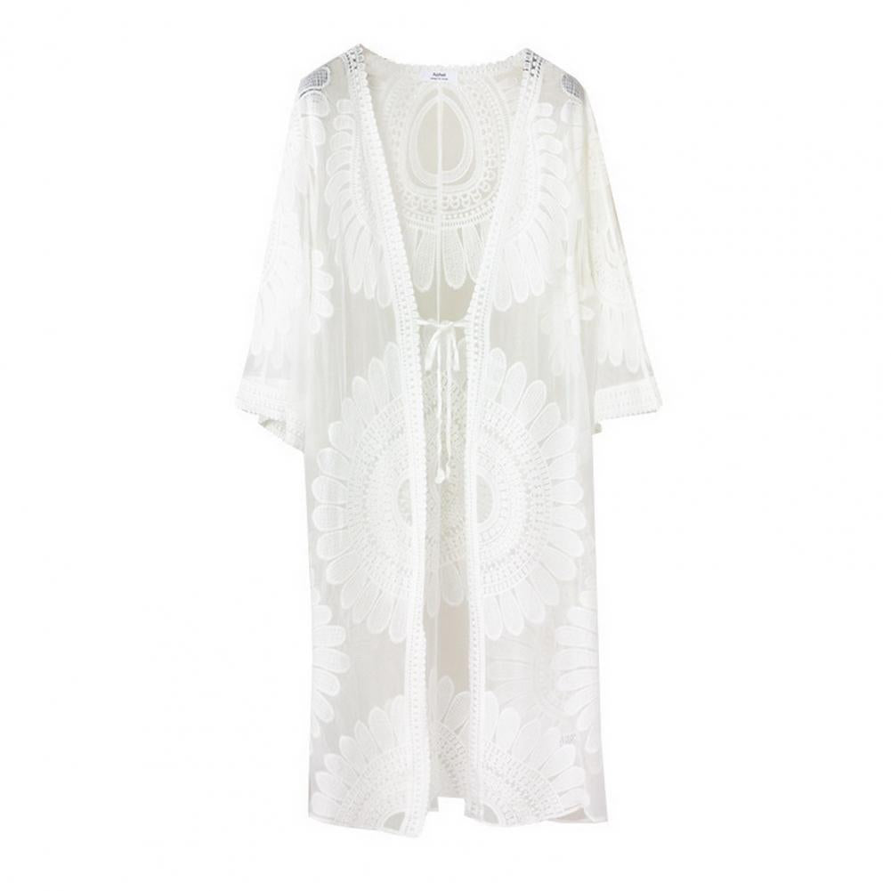 One SizeSexy Lace Up Summer Beach Cover Up Solid Color Women Beach Dress Flower Embroidery Women Clothes