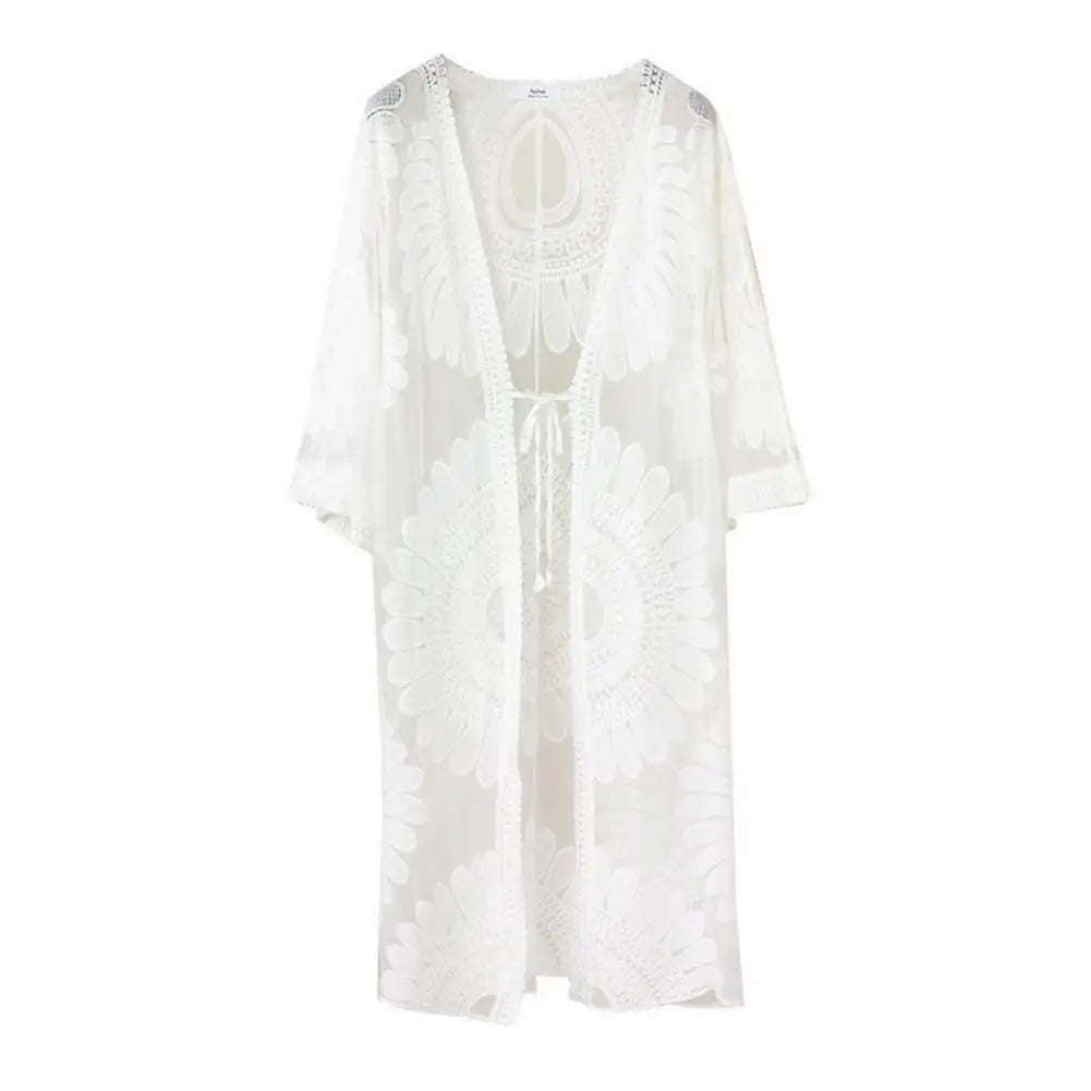 One SizeSexy Lace Up Summer Beach Cover Up Solid Color Women Beach Dress Flower Embroidery Women Clothes