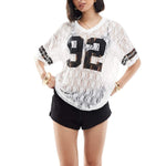 Women Summer Lace Football T-Shirt Casual Number Print See-Through V-Neck Short Sleeve Basic Tops for Streetwear