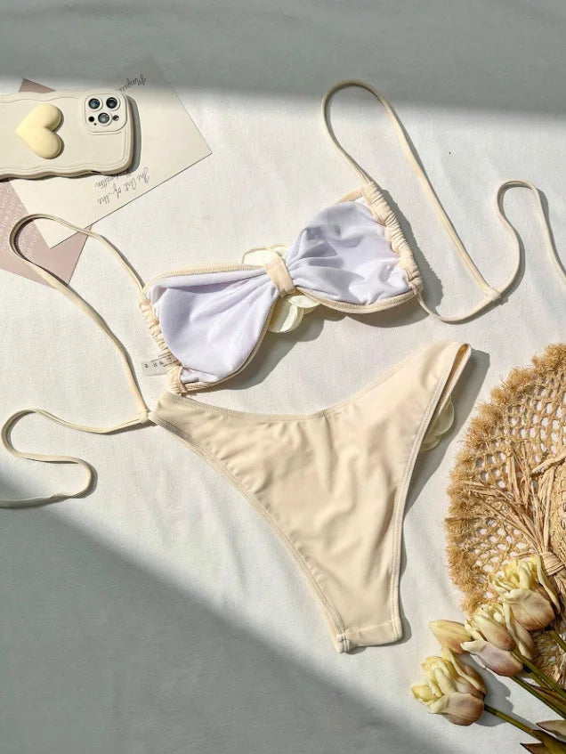 Sexy 3D Flower Patchwork Swimwear Thong Bikini 2024 Women Lace-up Swimsuit Halter Drawstring Swimming Bathing Suit Biquini Mujer