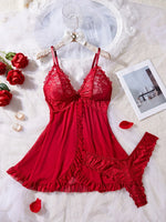 Sexy Lace Lingerie Set for Women, Red Sleepwear Nightdress with Matching Panties, V-Neck Sheer Lace Camisole, Romantic Night