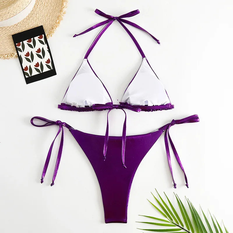 Sexy Gold Silver Red Strings Bikini 2024 Women Swimsuit Female Swimwear Thong Bikinis Set Brazilian Beach Bathing Suit Biquini