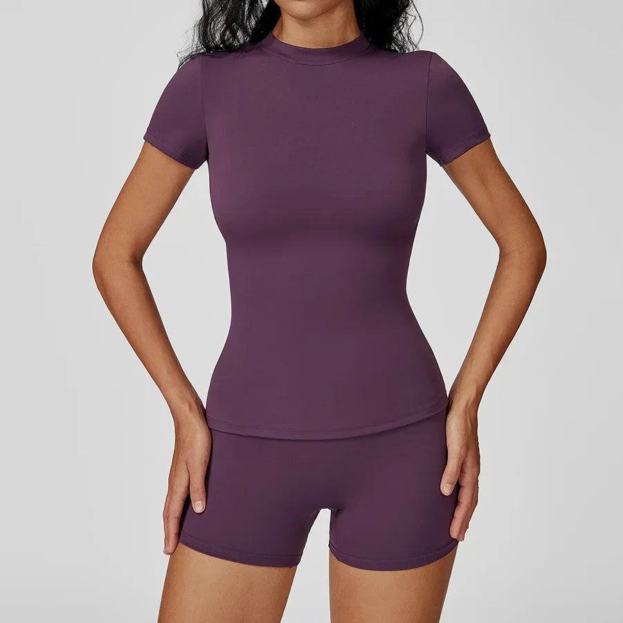 New Yoga Set Two Piece Women Short Sleeve Top with High Waist Leggings Seamless Workout Clothes Patchwork Sport Fitness Gym Sets
