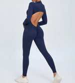 Hearuisavy Summer V Back Sports Jumpsuit Yoga Clothes Rompers Women Long Sleeveles Workout Bodysuits Backless One-piece Suit