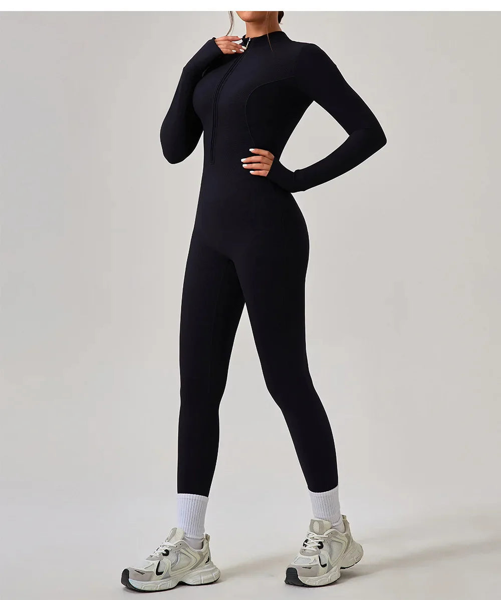 Women's Jumpsuits One-Piece Suit Yoga Set Zipper Long Sleeve Gym Push Up Workout Clothes Fitness Bodysuit Sportswear Tracksuit