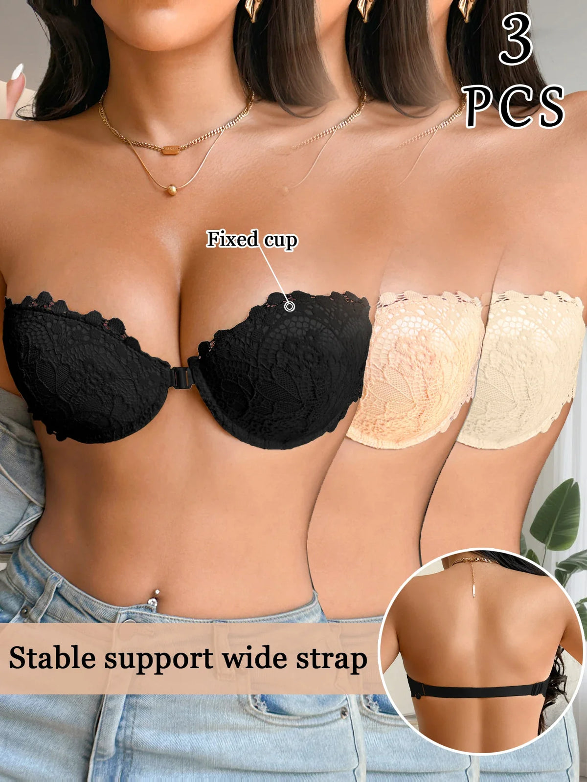 3Pcs Women Half Cup Lace Strapless Bra Adjustable Non-slip Off Shoulder Underwire Support Front Buckle Push Up Brassiere XS-L
