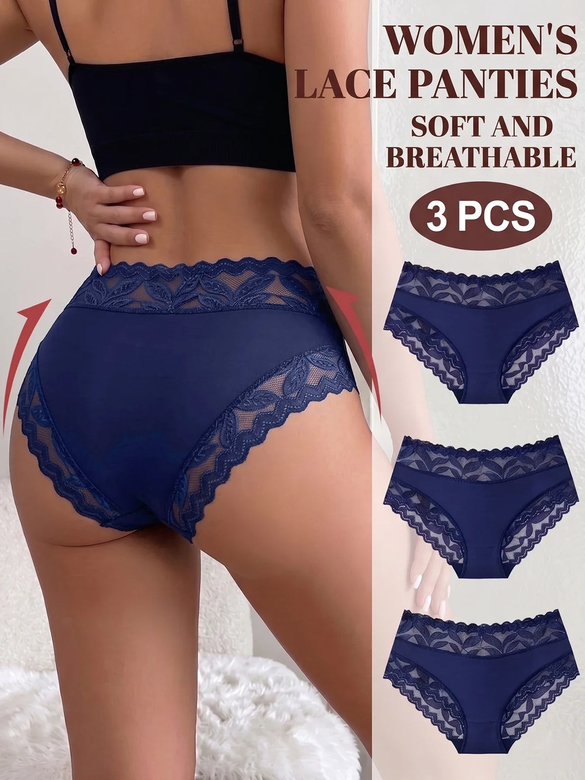 3PCS/Set Women's Sexy Lace Panties High Waist Hollow Out Briefs Breathable Underwear Female Elastic Soft Lingerie XS-XXL