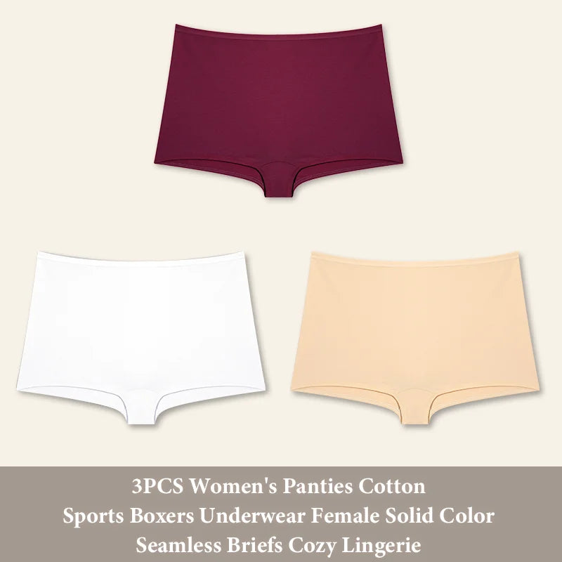 3PCS Women's Panties Cotton Seamless Sports Boxers Underwear Female Solid Color Briefs Cozy Lingerie Intimate Underpants XS-XL