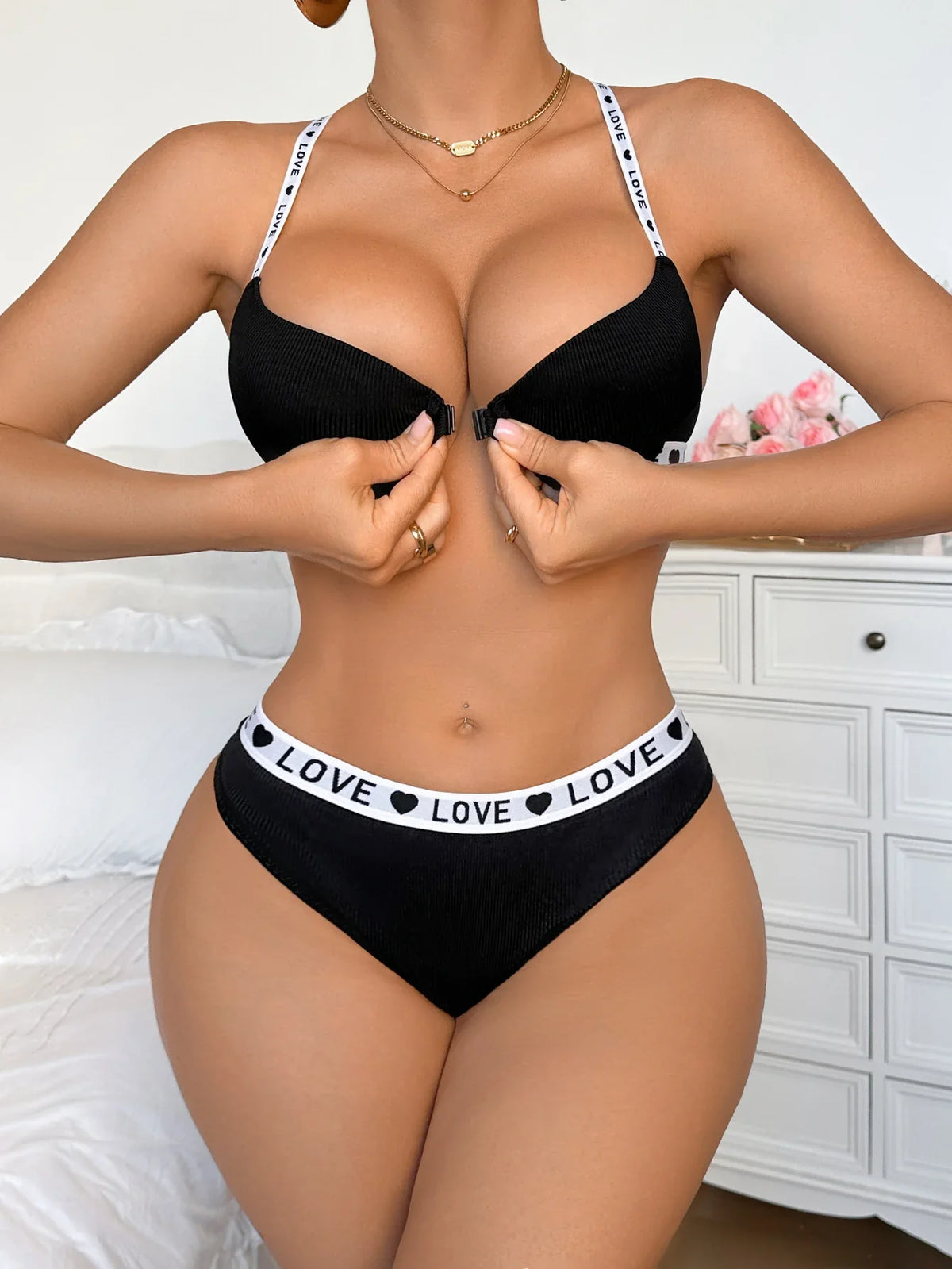 New Ribbed Women's Underwear Set Letter Strap Underwear Front-Clasp Push-Up Bra Comfy Daily Female Bra Set
