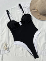 Vintage Black White Patchwork Swimwear Women 2026 Sexy Metal U Neck Backless One Piece Swimsuit Beach Bathing Suits Monokini