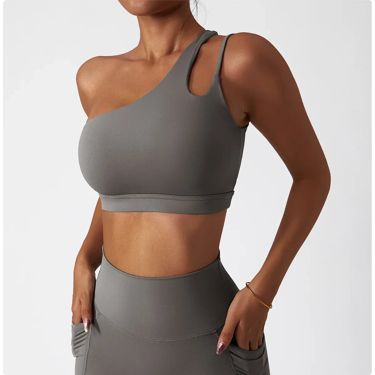 Comfort Single Strap Yoga Bra Chest Pad Running Sports Bra Gym Top Women Stretch Pull Up Underwear Women Vest Fitness Tank Top