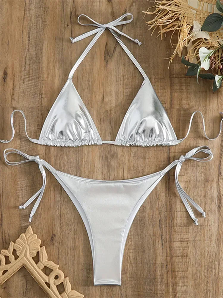 Sexy Brozing Gold Bikinis Sets Women Push Up Micro Bikini Swimsuit 2026 Brazilian Beach Bathing Suit Tie Side Triangle Swimwear