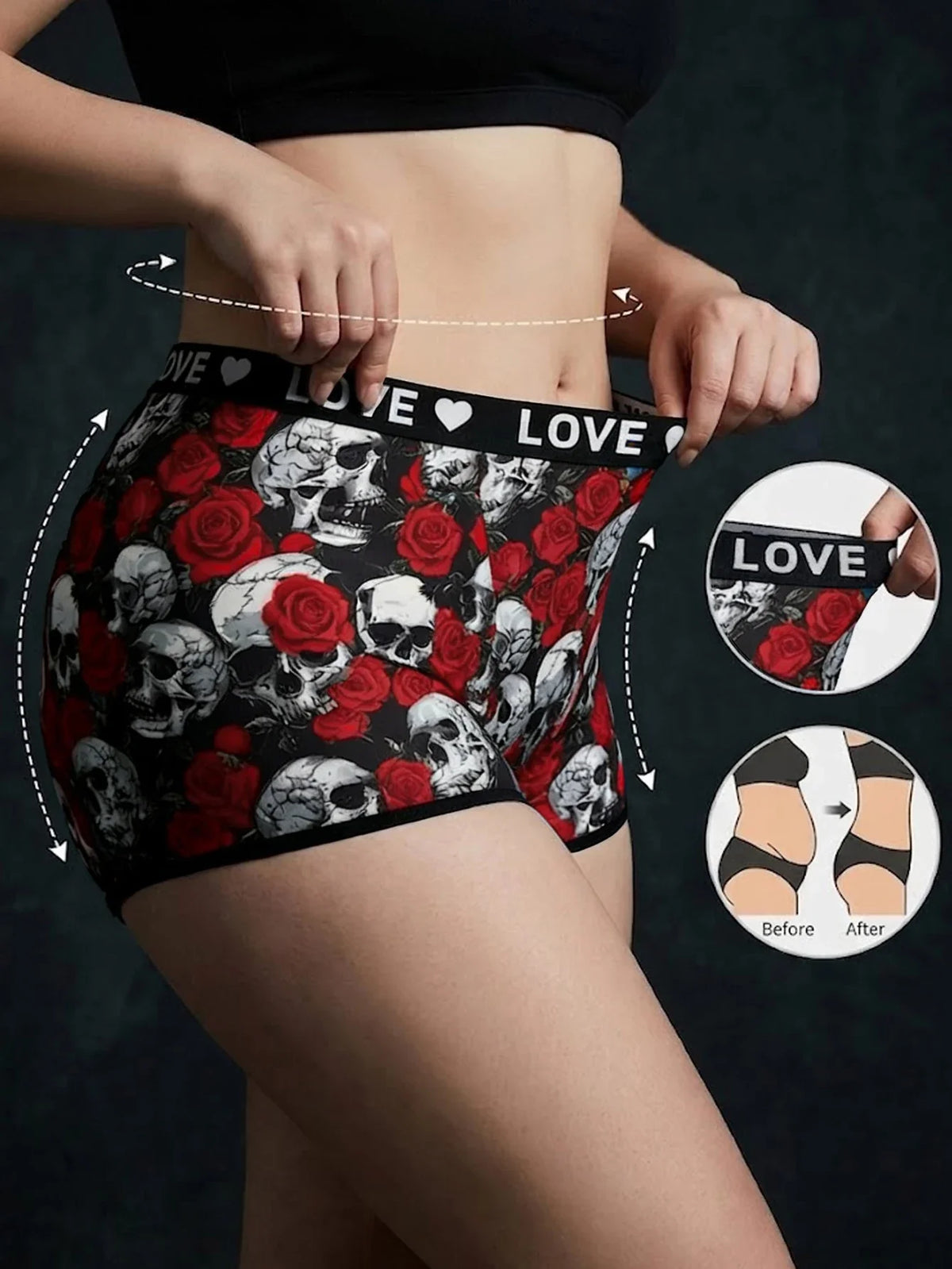 1XL-4XL Women Seamless Panties High-waisted Boyshorts Gothic Skull Soft Breathable Stretch Underwear for Women