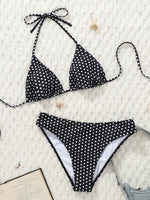 2025 New Women's Black Ground White Dot Printed Swimsuit Halter Neck Low Waist Bikini Set For Summer Female Swimwear Brazilian