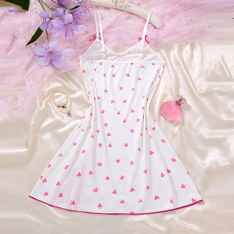 Women's Sleepwear Underwear Rose Lace Bow & Heart PrintSleep Dress Sexy Pijamas SetV NeckPajamas Mini Nightgowns Hot Dress