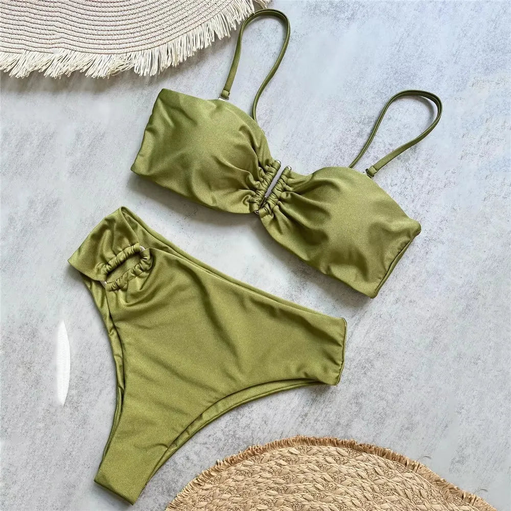 Brown Shiny U Shaped Bikini High Waist Sexy Swimsuit Women 2026 Wrinkled Solid Swimwears Bathing Suit Bandeau Bikinis Sets Mujer