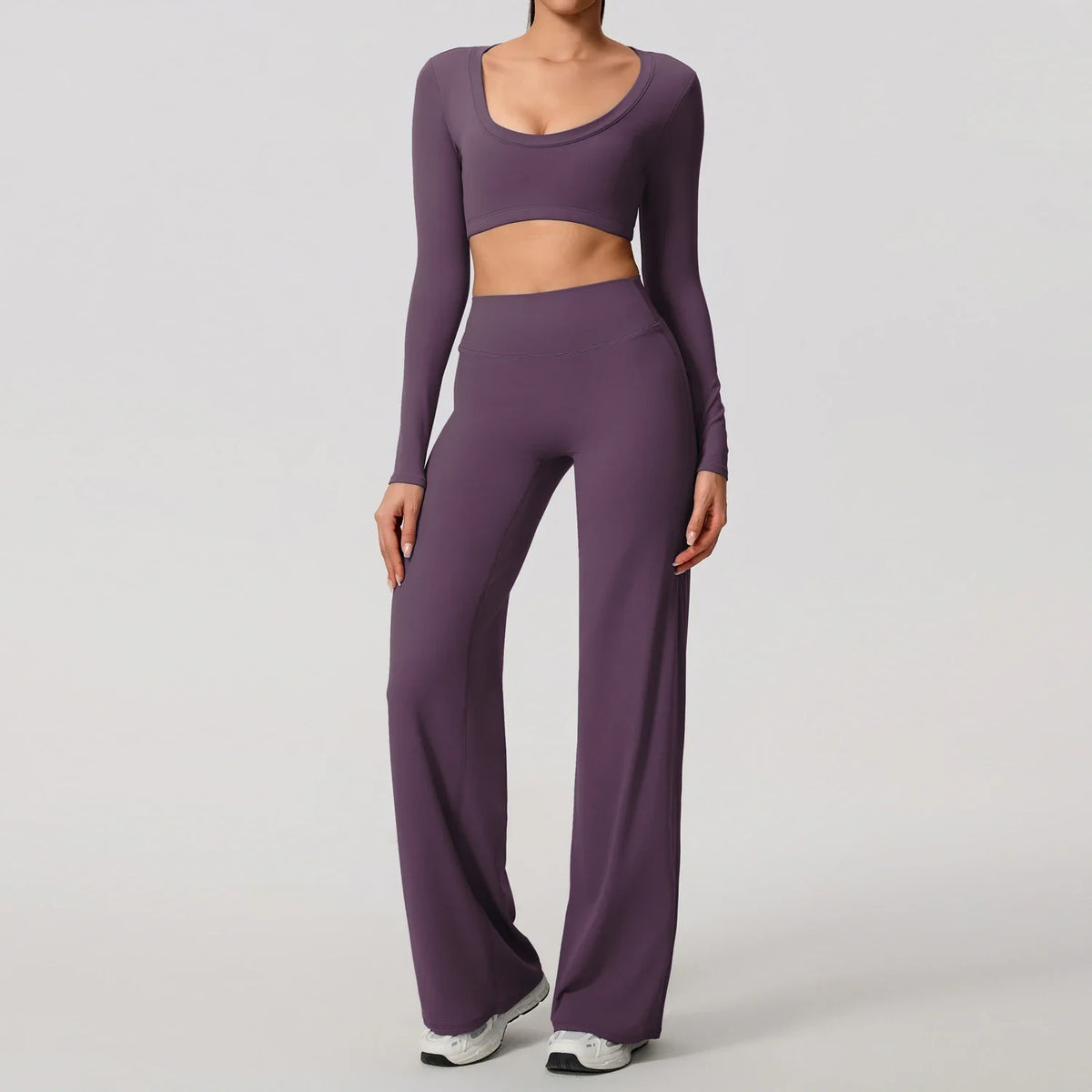 Hearuisavy Sports Set 2Pcs Women'sLong Sleeve Backless Fitted Fitness Top Push Up Pilates Yoga Top Wide Leg Straight Leg Pants