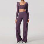 Hearuisavy Sports Set 2Pcs Women'sLong Sleeve Backless Fitted Fitness Top Push Up Pilates Yoga Top Wide Leg Straight Leg Pants