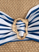 Sexy Blue Striped Micro Bikini 2026 Women Bandeau Front Metal Circle Push Up Bra High Waist Swimsuit Beach Bathing Suit Swimwear