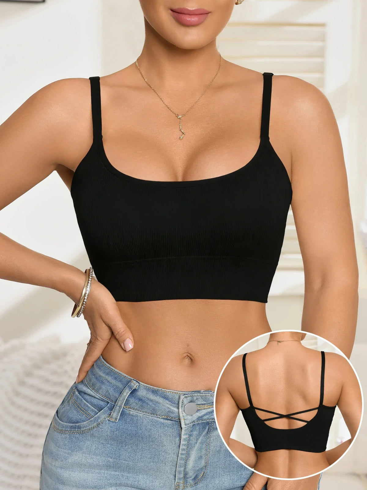 Women's Cropped Tank Top Sleeveless Padded Camisole with Crisscross Adjustable Straps Fashion Korean Style Women's Top