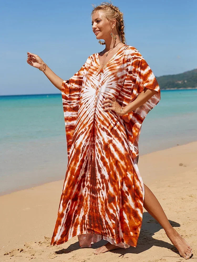 2025 Loose Boho Style Maxi Dress Print Face Swim Suit Cover-up Bohemian Dress Robe Plage Kaftan Maxi Dress Beach Wear Tunics
