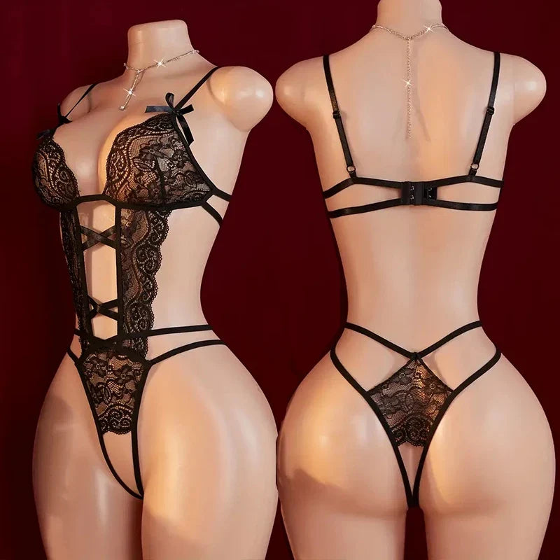 TransparentLace Lingerie Deep V Hollow Open Bra Erotic Lingerie Set Sexy Crotchless Bodysuit Temptation Pajamas Hot Underwear
