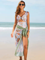 Vintage Blue Floral Print One Piece Swimsuit Skirt Sets Women Front Bow Ruffles Hollow Tummy Control Bathing Suit Swimwear 2026