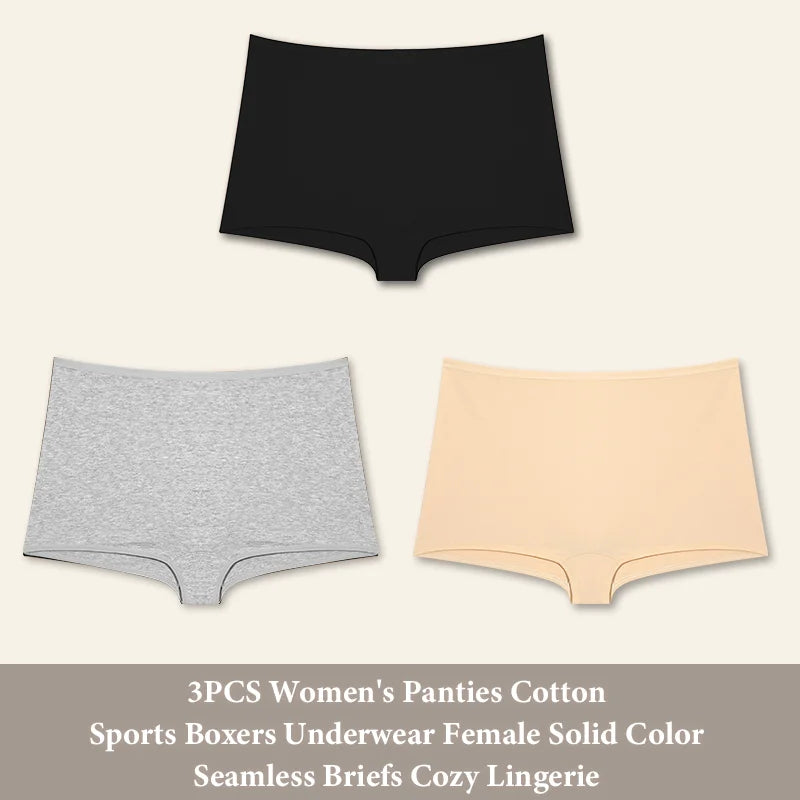 3PCS Women's Panties Cotton Seamless Sports Boxers Underwear Female Solid Color Briefs Cozy Lingerie Intimate Underpants XS-XL