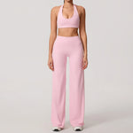 Hearuisavy Summer Yoga Set 2Pcs Women Breathable Backless Halter-Neck Sports Bra Push Up Pilates Fitness Top Straight Leg Pants
