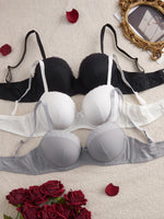 3PCS Plus Size Women's Underwear Set Lace Trim Ribbed Push up Bra Wide Shoulder Straps Underwire Thin Cup Comfy Lingerie Bra