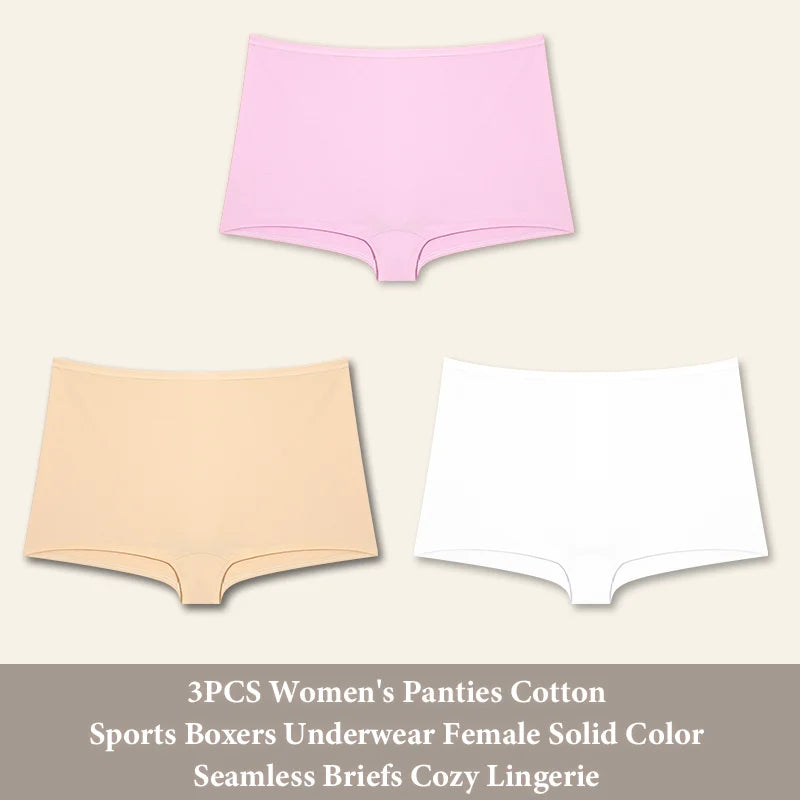 3PCS Women'sCotton Seamless Panties Sports Boxers Underwear Female Solid Color Briefs Cozy Lingerie Intimate Underpants XS-XL