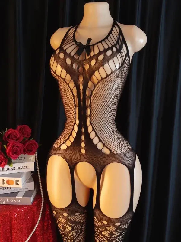 Porn Underwear Crotchless Babydolls Dress EroticCostume Sexy Hanging Neck Bodystockings Mesh See Through Adults Sexual Bodysuits