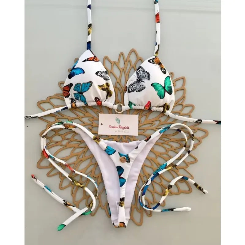 2026 Swimwear Women CuteCherry Print Brazilian Thong Bikini Set Sexy Thong Swimsuit Two Pieces Bathing Suit Women Beach Wear