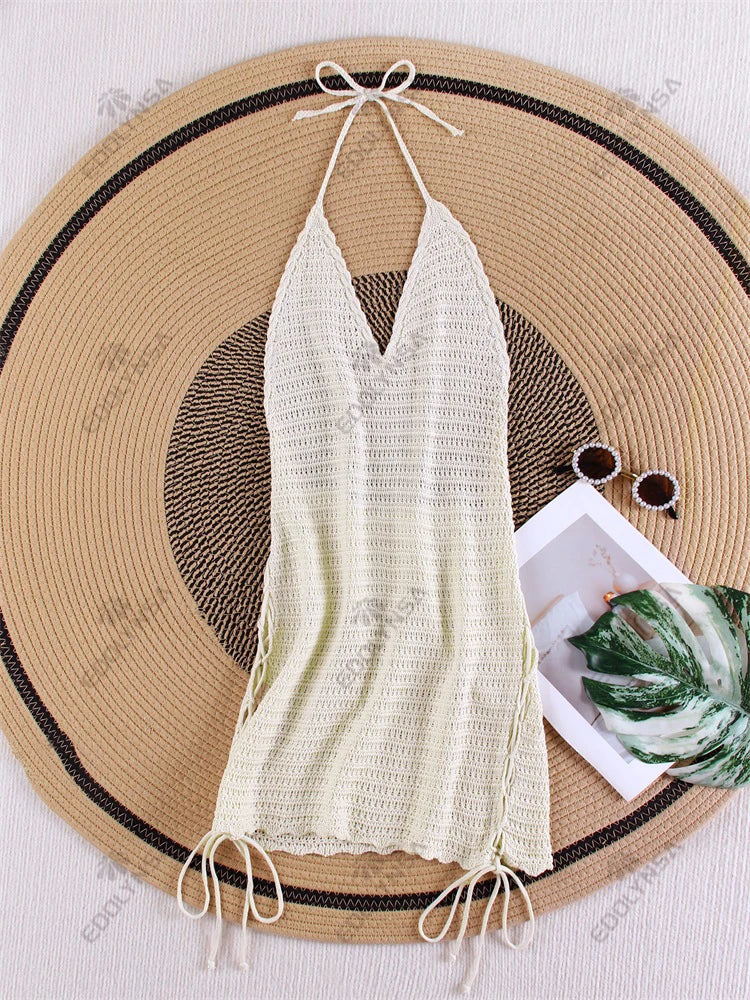Solid Knit Halter V-neck Side Cross Straps Slim Beach Mini Dress 2026 Women Crochet Beach Swimsuit Cover Up Vacation Outfit K104