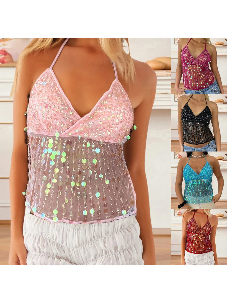 Women's Solid Color Halter Neck Crop Tops Summer Sleeveless V neck Open Back Slim Fit Tie Up Sequins Camis Tops