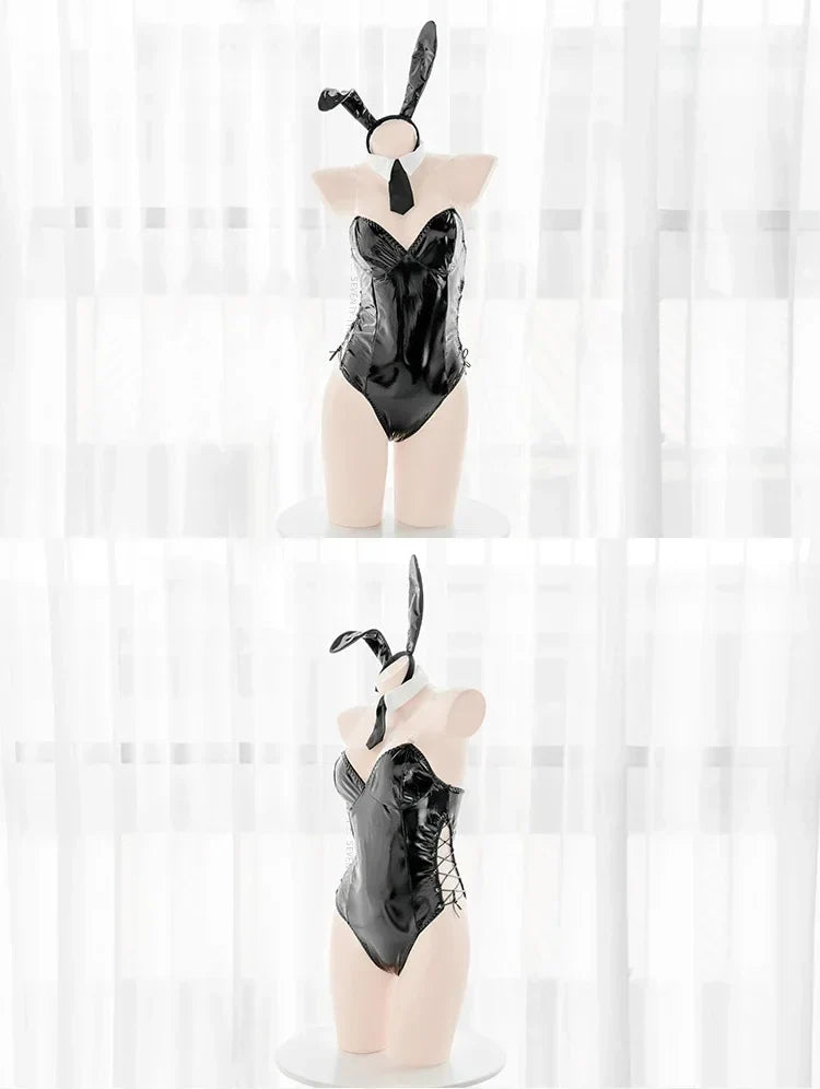 Mai Sakurajima Bunny Girl Cosplay Costume Women Sexy Lingerie PU Leather Bodysuit with Tie and Headband Set Anime Outfit